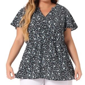 🟠NWT AGNES ORINDA Plus Boho Ruffle Tiered Babydoll Blouse Black Floral 1X